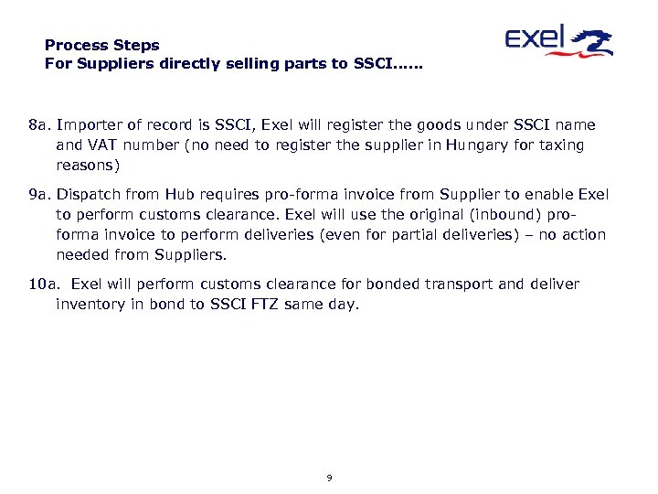 Process Steps For Suppliers directly selling parts to SSCI…… 8 a. Importer of record