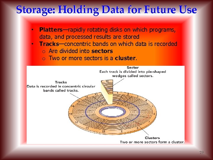 Storage: Holding Data for Future Use • Platters—rapidly rotating disks on which programs, data,