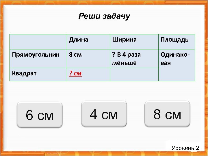 Реши задачу Длина Ширина Площадь Прямоугольник 8 см ? В 4 раза меньше Одинаковая
