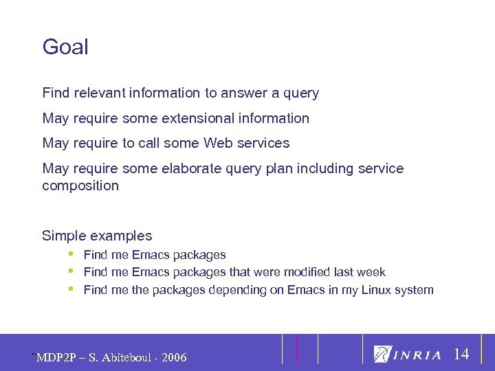14 Goal Find relevant information to answer a query May require some extensional information
