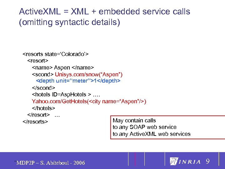 9 Active. XML = XML + embedded service calls (omitting syntactic details) <resorts state=‘Colorado’>