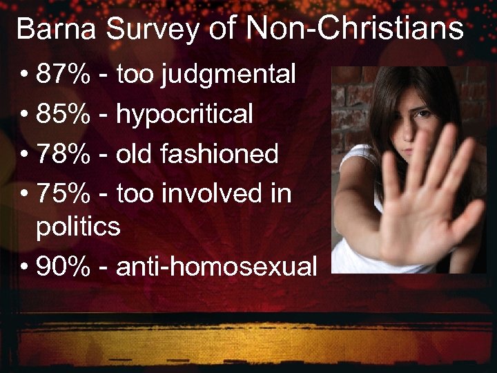 Barna Survey of Non-Christians • 87% - too judgmental • 85% - hypocritical •