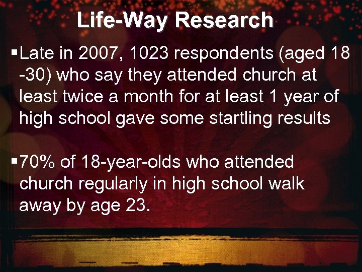 Life-Way Research § Late in 2007, 1023 respondents (aged 18 -30) who say they