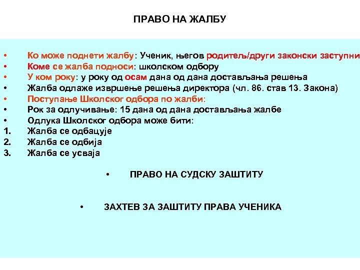 ПРАВО НА ЖАЛБУ • • 1. 2. 3. Ко може поднети жалбу: Ученик, његов