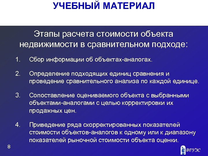 УЧЕБНЫЙ МАТЕРИАЛ Этапы расчета стоимости объекта недвижимости в сравнительном подходе: 1. 2. Определение подходящих