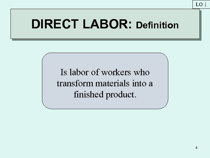 LO 1 DIRECT LABOR: Definition Is labor of workers who transform materials into a