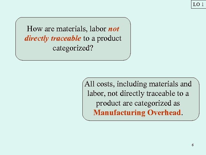 LO 1 How are materials, labor not directly traceable to a product categorized? All