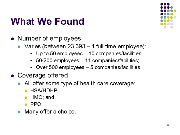 What We Found l Number of employees l Varies (between 23, 393 – 1