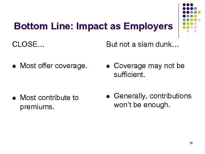 Bottom Line: Impact as Employers CLOSE… But not a slam dunk… l Most offer