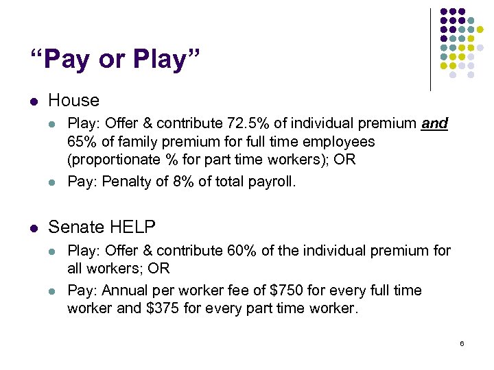 “Pay or Play” l House l l l Play: Offer & contribute 72. 5%