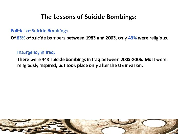 The Lessons of Suicide Bombings: Politics of Suicide Bombings Of 83% of suicide bombers