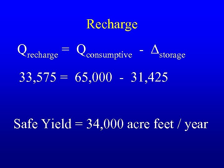 Recharge Qrecharge = Qconsumptive - Δstorage 33, 575 = 65, 000 - 31, 425