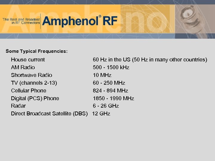 Some Typical Frequencies: House current 60 Hz in the US (50 Hz in many