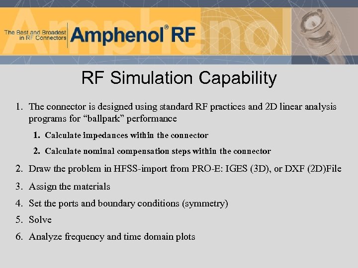 RF Simulation Capability 1. The connector is designed using standard RF practices and 2