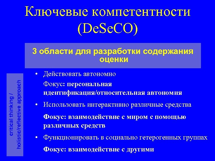 Ключевые компетентности (De. Se. CO) critical thinking / holistic/reflective approach 3 области для разработки