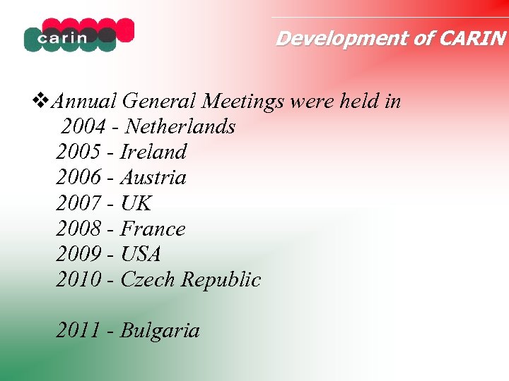 Development of CARIN Annual General Meetings were held in 2004 - Netherlands 2005 -