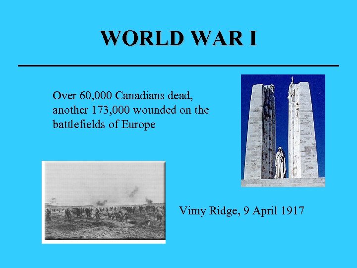 WORLD WAR I Over 60, 000 Canadians dead, another 173, 000 wounded on the