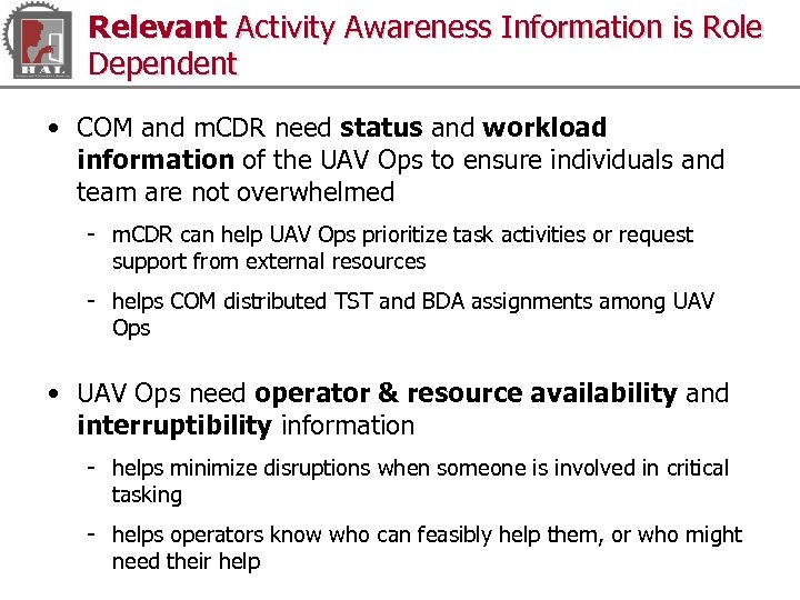 Relevant Activity Awareness Information is Role Dependent • COM and m. CDR need status