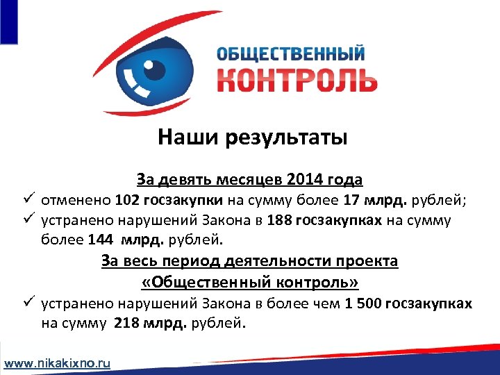 Наши результаты За девять месяцев 2014 года ü отменено 102 госзакупки на сумму более