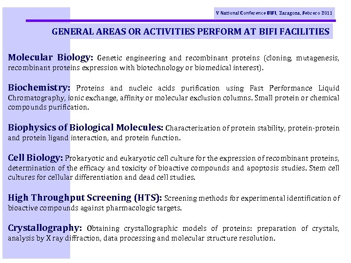 V National Conference BIFI, Zaragoza, Febrero 2011 GENERAL AREAS OR ACTIVITIES PERFORM AT BIFI