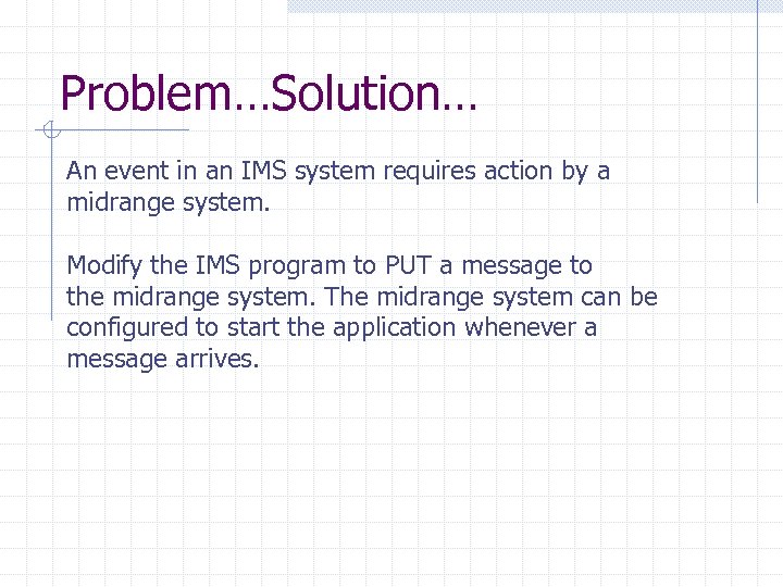 Problem…Solution… An event in an IMS system requires action by a midrange system. Modify