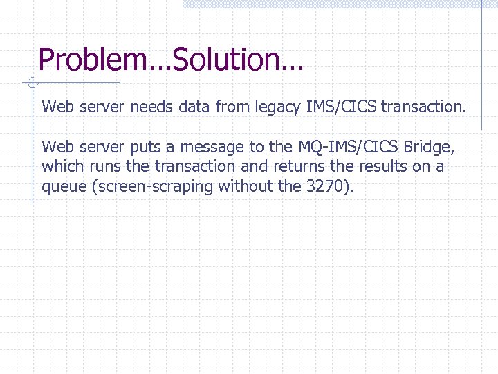Problem…Solution… Web server needs data from legacy IMS/CICS transaction. Web server puts a message