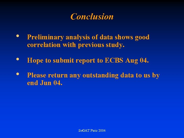 Conclusion • Preliminary analysis of data shows good correlation with previous study. • •