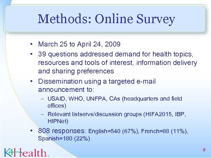 Methods: Online Survey • March 25 to April 24, 2009 • 39 questions addressed