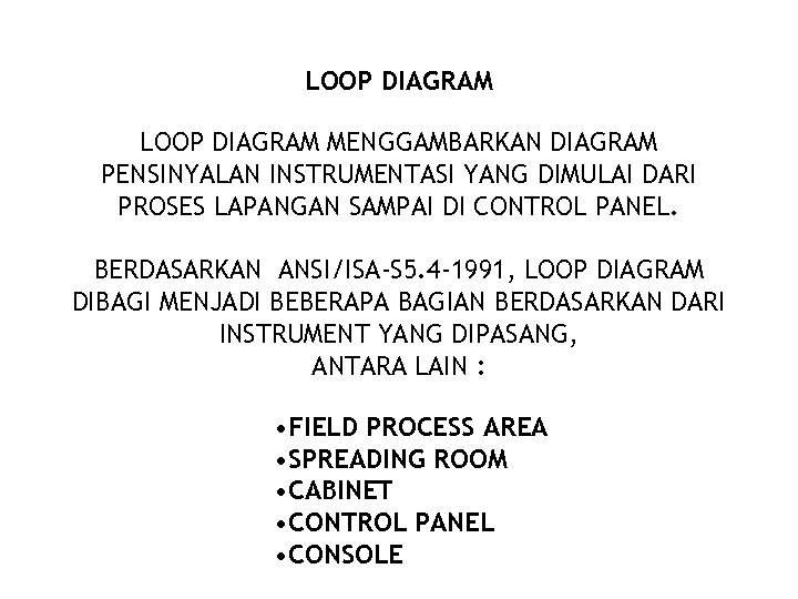 LOOP DIAGRAM MENGGAMBARKAN DIAGRAM PENSINYALAN INSTRUMENTASI YANG DIMULAI DARI PROSES LAPANGAN SAMPAI DI CONTROL