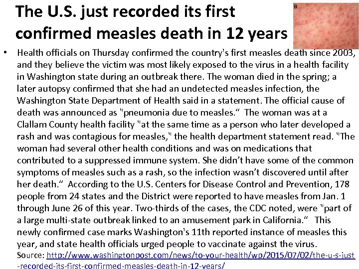 The U. S. just recorded its first confirmed measles death in 12 years •