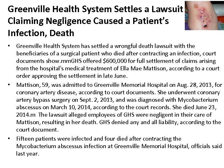 Greenville Health System Settles a Lawsuit Claiming Negligence Caused a Patient’s Infection, Death •