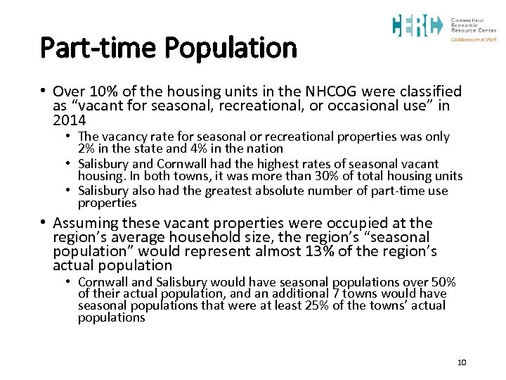 Part-time Population • Over 10% of the housing units in the NHCOG were classified