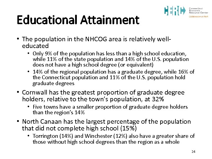 Educational Attainment • The population in the NHCOG area is relatively welleducated • Only