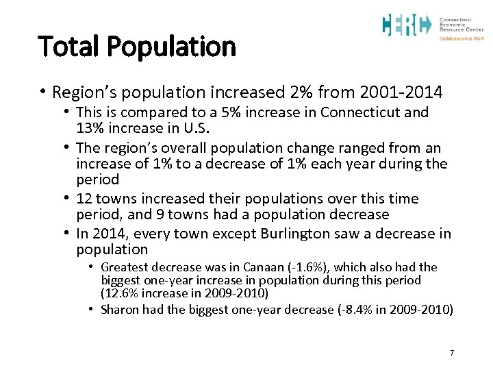 Total Population • Region’s population increased 2% from 2001 -2014 • This is compared