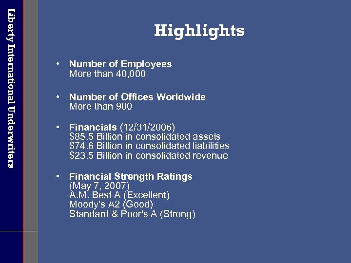 Liberty International Underwriters Highlights • Number of Employees More than 40, 000 • Number