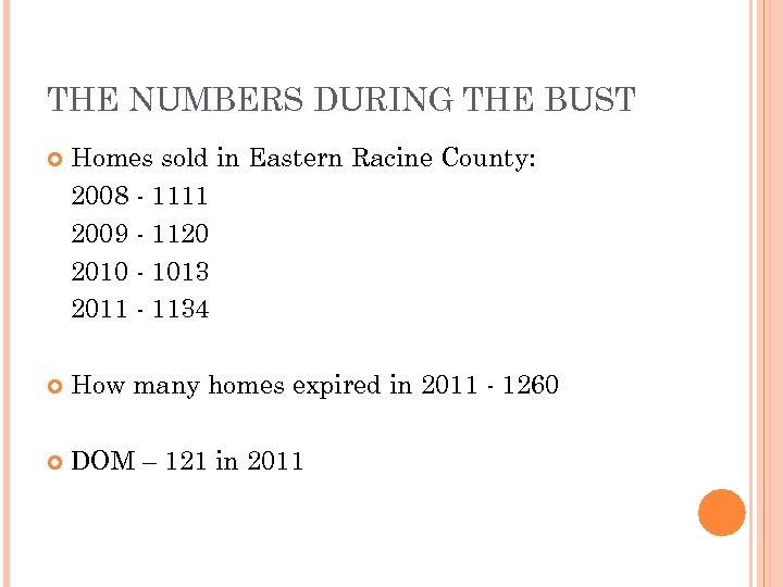 THE NUMBERS DURING THE BUST Homes sold in Eastern Racine County: 2008 - 1111