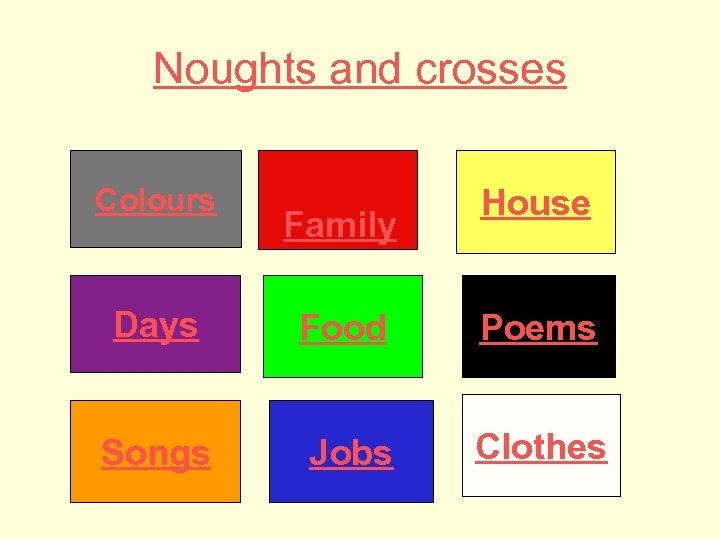 Noughts and crosses Colours Family House Days Food Poems Songs Jobs Clothes 