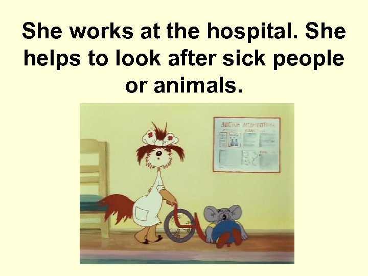 She works at the hospital. She helps to look after sick people or animals.