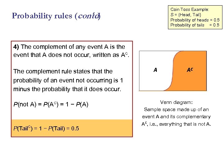 Probability rules (cont ) d Coin Toss Example: S = {Head, Tail} Probability of