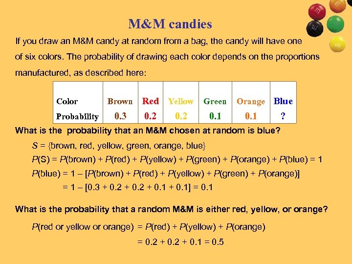 M&M candies If you draw an M&M candy at random from a bag, the