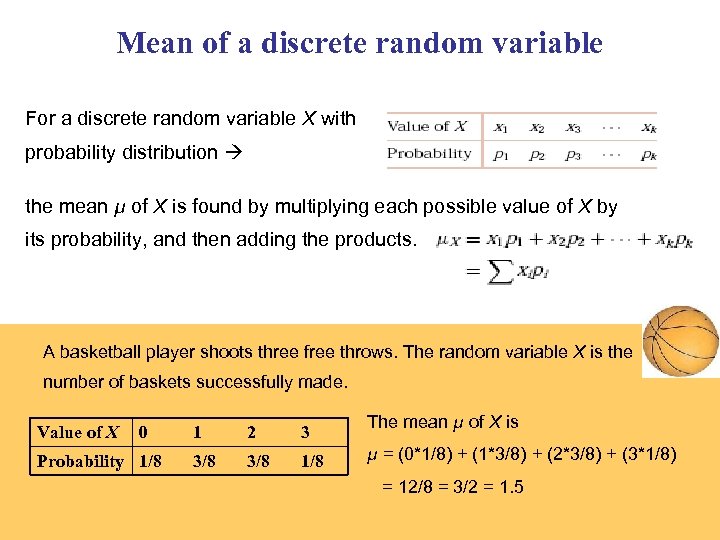 Mean of a discrete random variable For a discrete random variable X with probability
