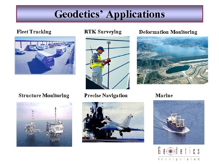 Geodetics’ Applications Fleet Tracking Structure Monitoring RTK Surveying Precise Navigation Deformation Monitoring Marine 
