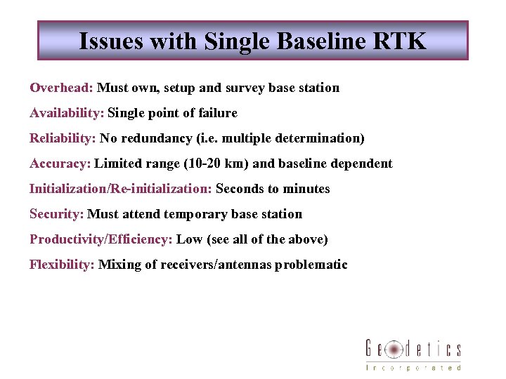 Issues with Single Baseline RTK Overhead: Must own, setup and survey base station Availability: