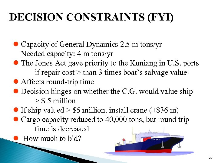 DECISION CONSTRAINTS (FYI) l Capacity of General Dynamics 2. 5 m tons/yr Needed capacity: