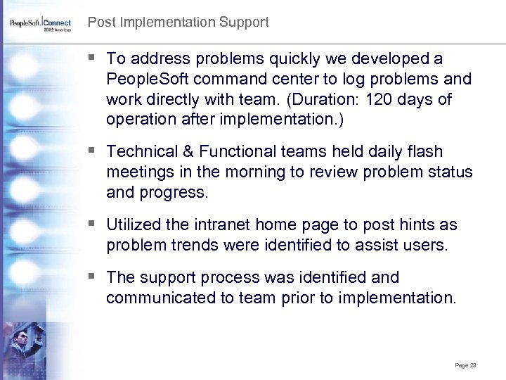 Post Implementation Support § To address problems quickly we developed a People. Soft command