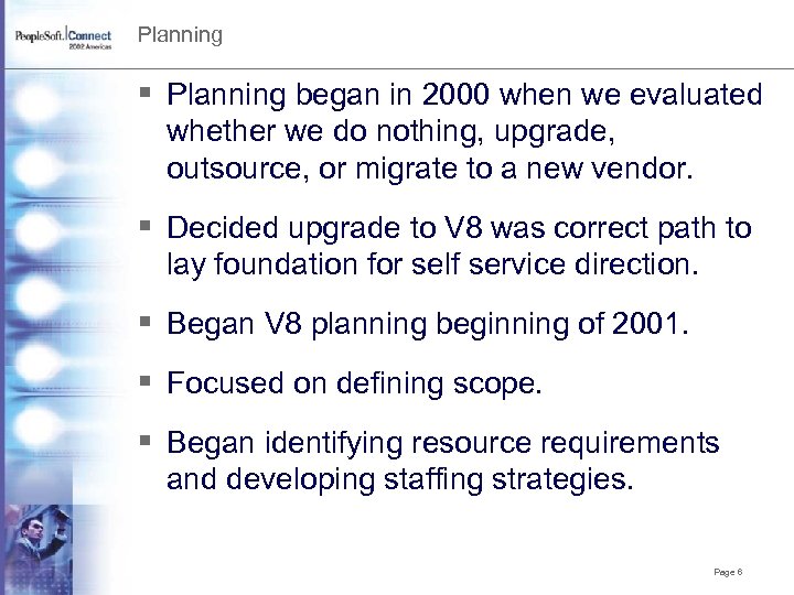 Planning § Planning began in 2000 when we evaluated whether we do nothing, upgrade,