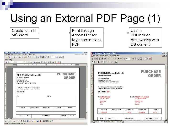 Using an External PDF Page (1) Create form in MS Word Print through Adobe