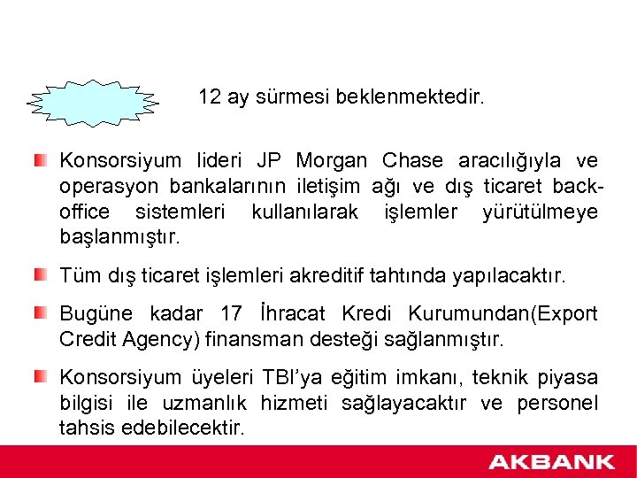 12 ay sürmesi beklenmektedir. Konsorsiyum lideri JP Morgan Chase aracılığıyla ve operasyon bankalarının iletişim