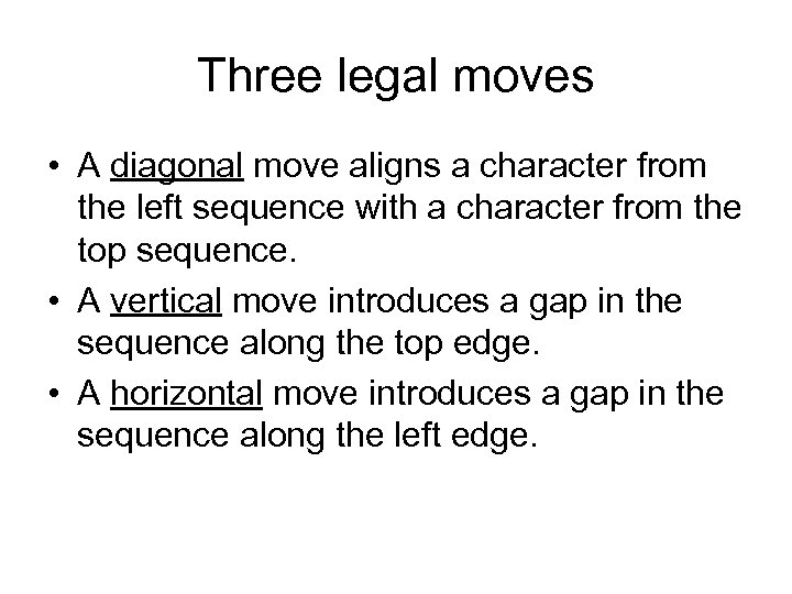 Three legal moves • A diagonal move aligns a character from the left sequence