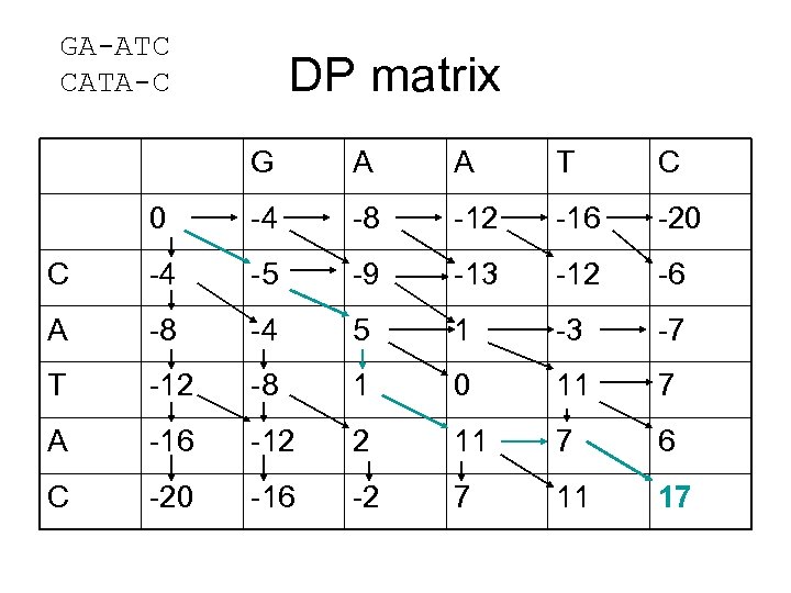 GA-ATC CATA-C DP matrix G A A T C 0 -4 -8 -12 -16